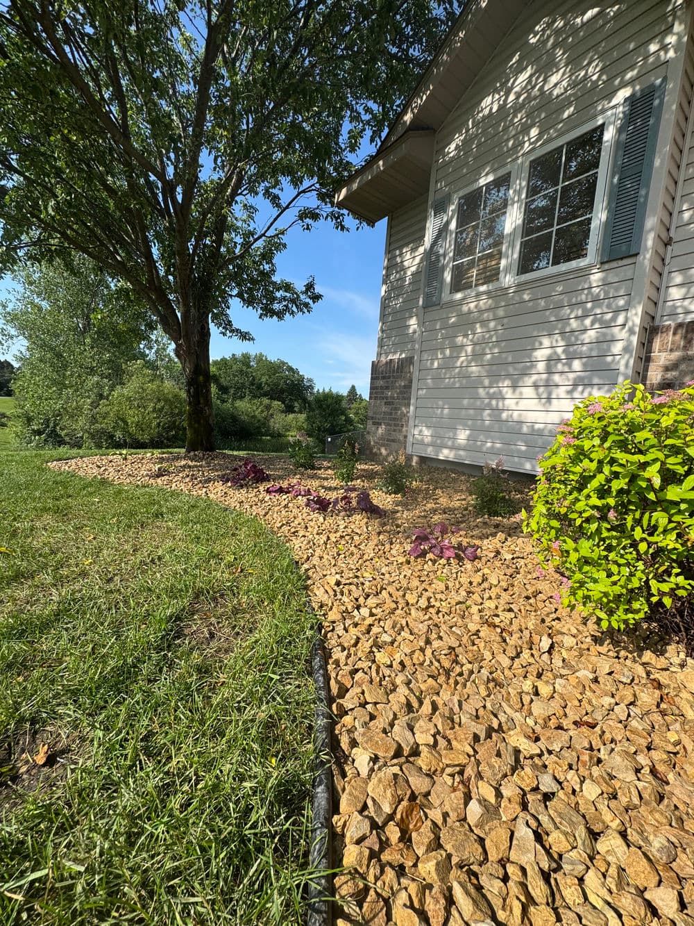 Landscaped garden featuring rocks, flowers, and a house under a clear blue sky.