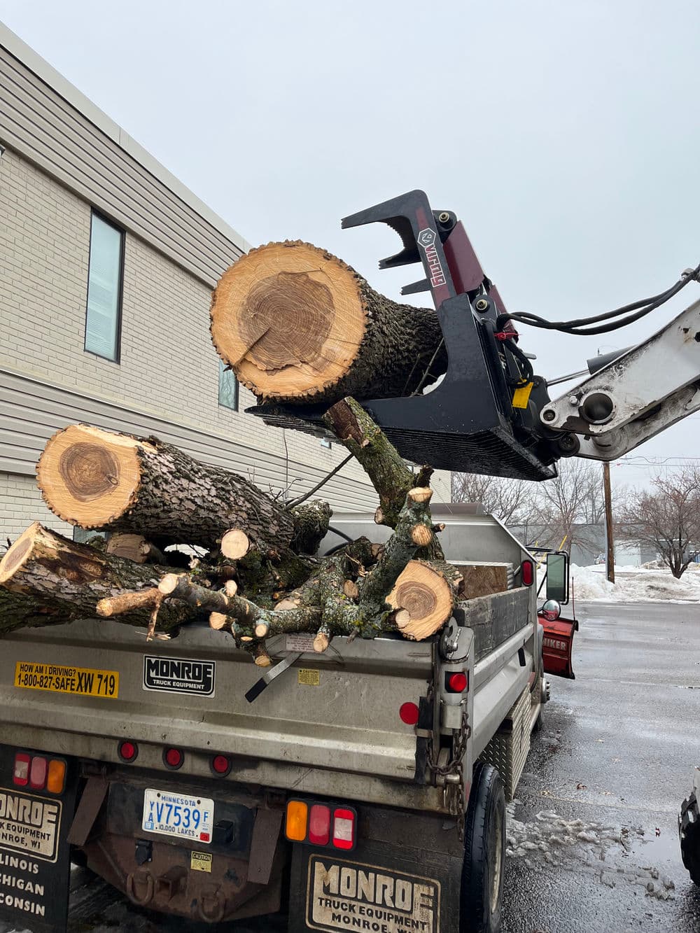 Forklift loading cut tree logs into a truck on a snowy day, showcasing log handling equipment.